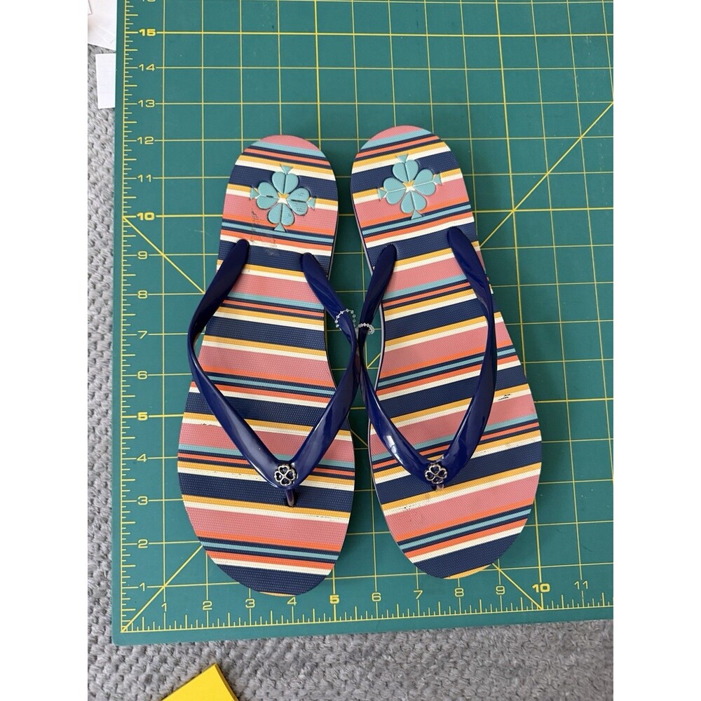 Kate Spade Women’s Size 10 Striped Flip Flops Navy Multicolor Floral Charm